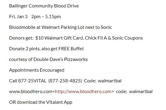 Ballinger Community Blood Drive Jan 2020